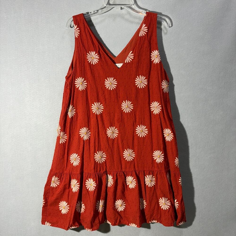 LOFT Womens L Large Rust Daisy Embroidered Swiss Dot Sleeveless Tiered Dress EX